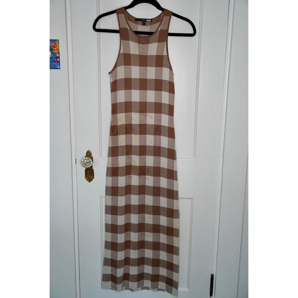 TOCCIN Emerson Midi Dress Sleeveless Gingham Check Knit Brown White Size XS - Picture 4 of 10